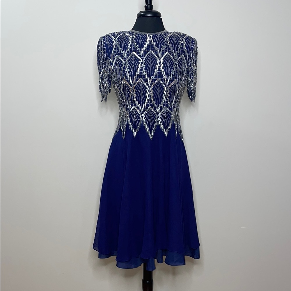Laurence Kazar Vintage Blue and Silver Embellished Dress Size SP